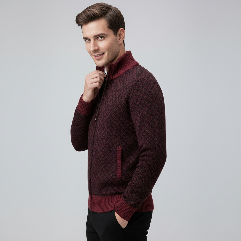 Men's geometric diamond-pattern zip-up jumper with mock neck collar and long sleeves