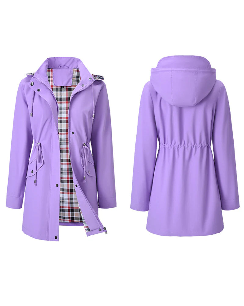 Women's long hooded trench coat with contrasting checked plaid lining