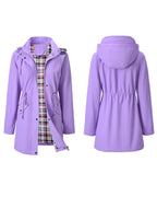 Women's long hooded trench coat with contrasting checked plaid lining