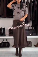 Women's taupe knitted crop top with dark bow details and short sleeves