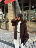 Women's brown wrap coat with wide textured collar and cuff trim