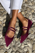 Women's deep purple pointed-toe flats with two buckle straps