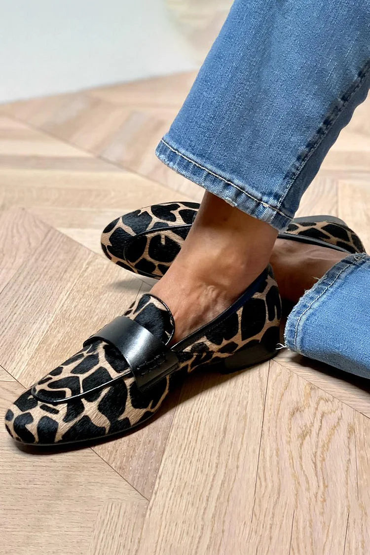 Women's cow print colourblock round toe slip-on loafers