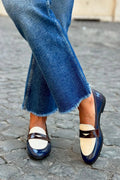Women's patchwork colourblock loafers with round toes, glossy panels and low heels