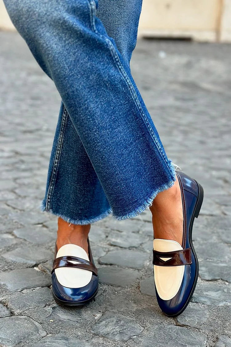 Women's patchwork colourblock loafers with round toes, glossy panels and low heels