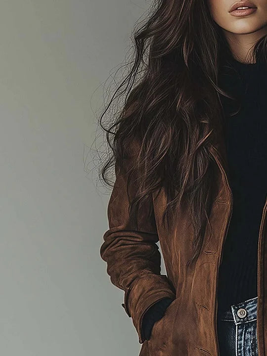 Women's long button-front coat with lapel collar and side pockets