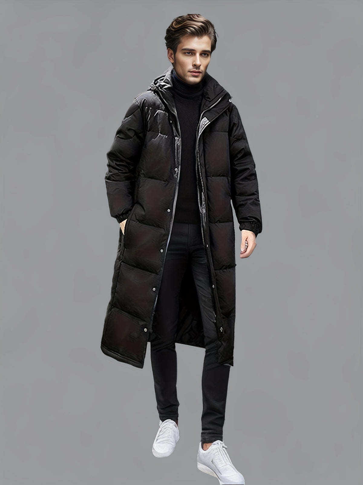 Men's black long hooded puffer coat with quilted panels and front pockets