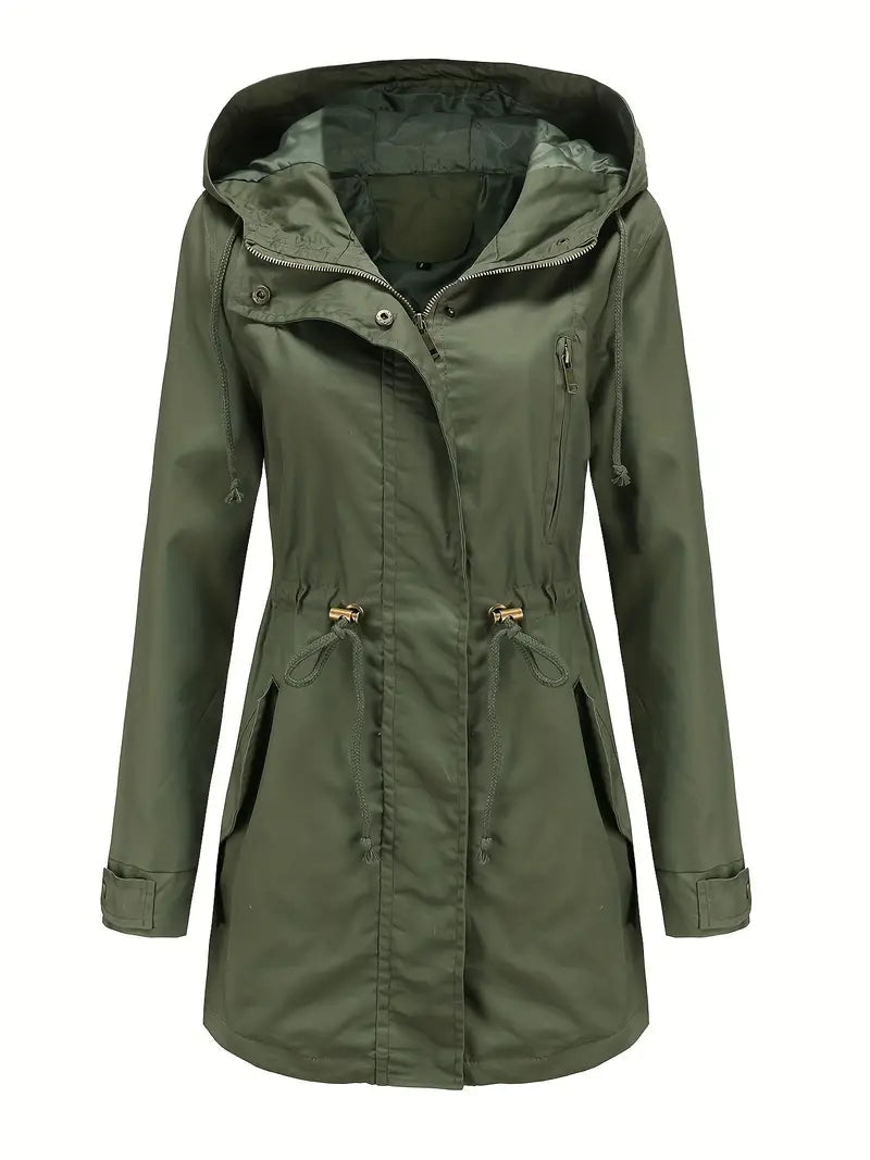 Women's hooded parka jacket with drawstring waist and long sleeves