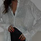 Women's long-sleeved sequin blouse with pointed collar and button front