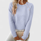 Women's crew neck knitted jumper with long sleeves and upper front button detail