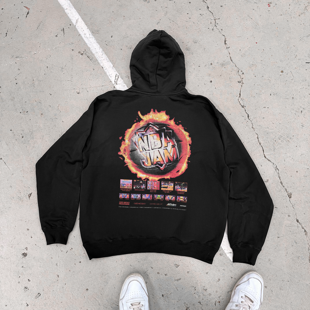 Black hooded hoodie with colourful NBA JAM graphic print and long sleeves