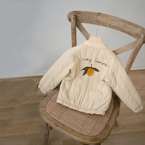 Children's quilted jacket with embroidered fruit motifs, stand collar and zip front