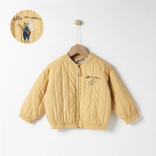 Children's quilted jacket with embroidered fruit motifs, stand collar and zip front