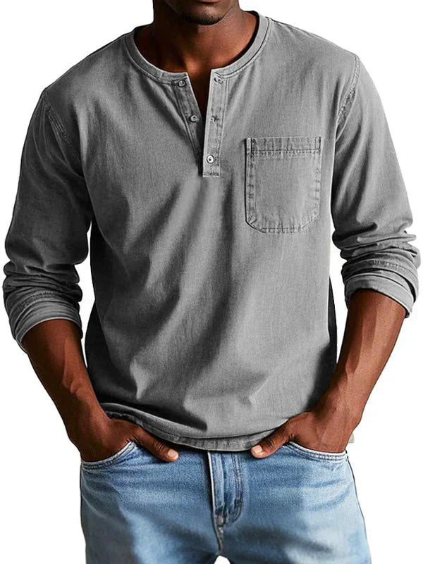 Men's long-sleeve Henley shirt with button placket and chest pocket