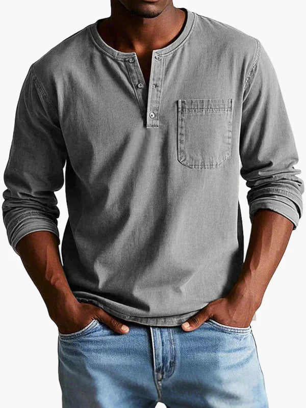 Men's long sleeve Henley shirt with round neck, button placket and chest pocket