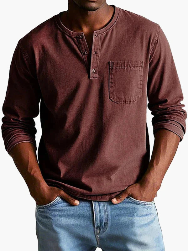 Men's long sleeve Henley shirt with round neck, button placket and chest pocket