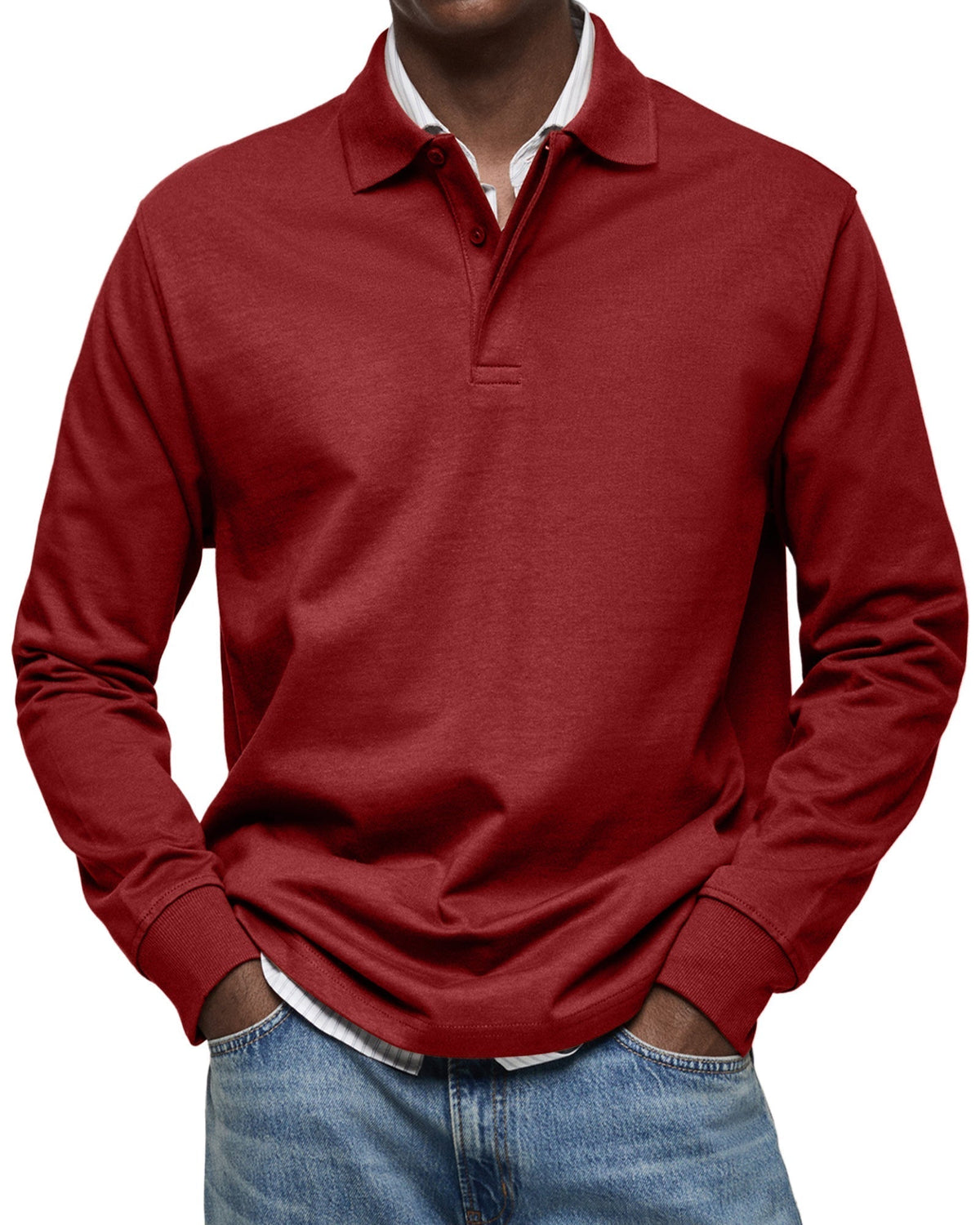 Men's long-sleeve polo jumper with collar, buttons and ribbed cuffs