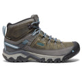 Olive green and grey lace-up hiking boots with padded ankle collars and treaded soles