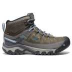 Olive green and grey lace-up hiking boots with padded ankle collars and treaded soles