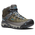 Olive green and grey lace-up hiking boots with padded ankle collars and treaded soles