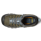 Olive green and grey lace-up hiking boots with padded ankle collars and treaded soles