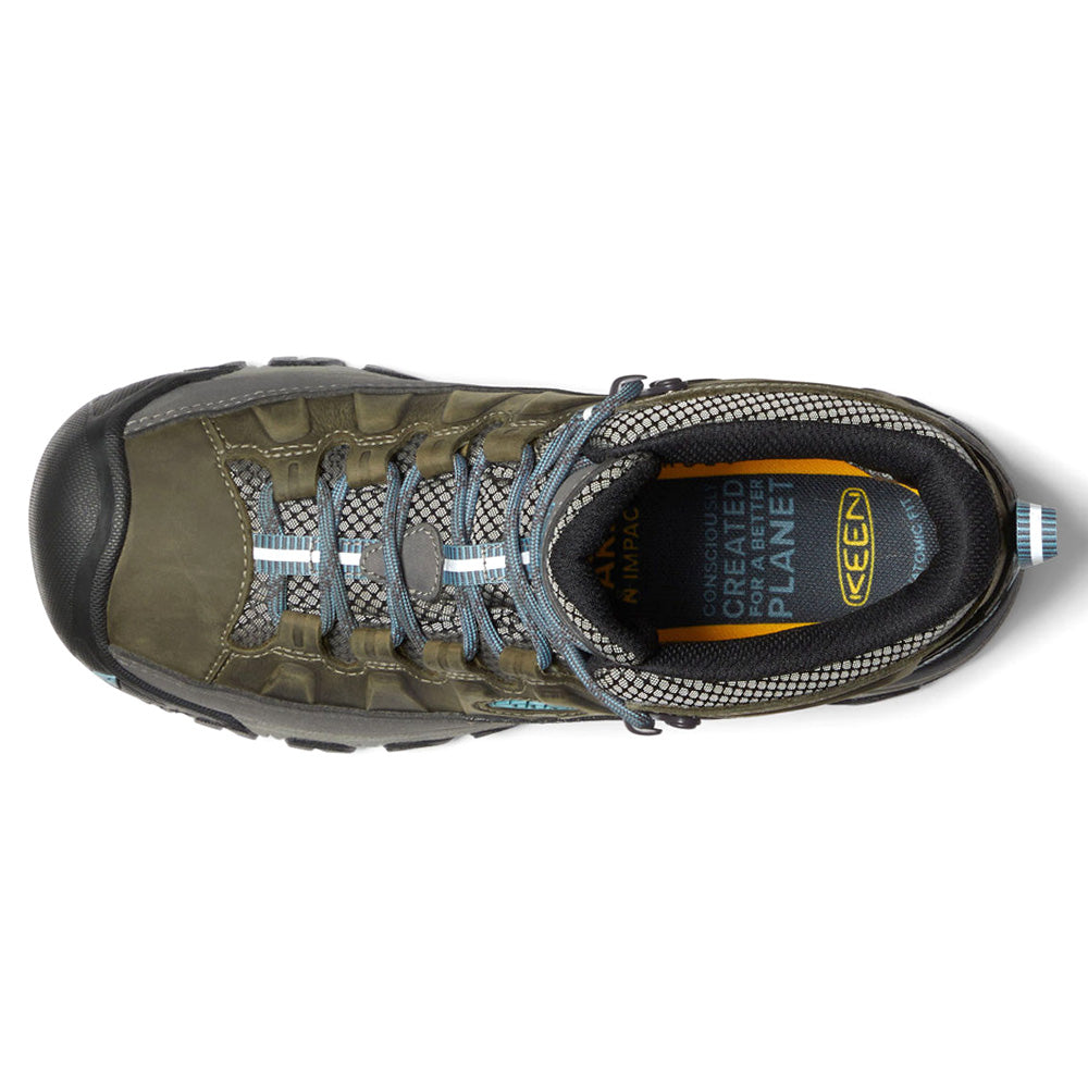 Olive green and grey lace-up hiking boots with padded ankle collars and treaded soles