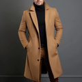Men's long overcoat with notched lapels, button front and side pockets