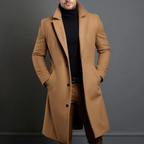 Men's long overcoat with notched lapels, button front and side pockets