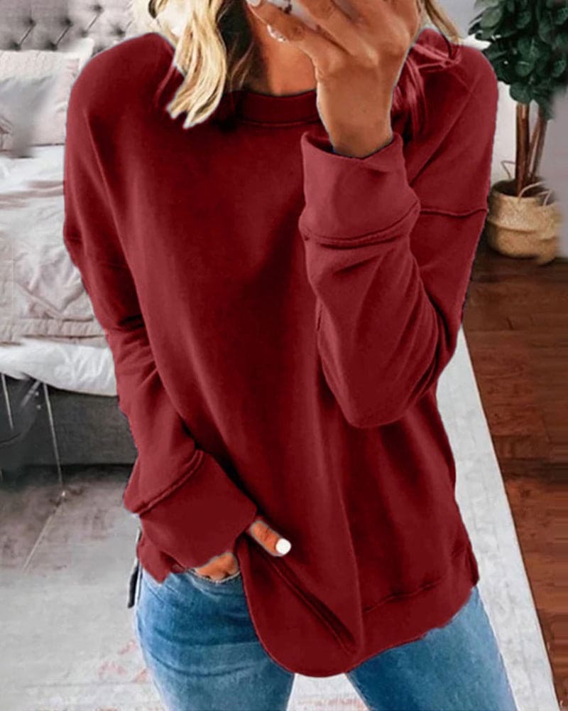 Women's plain crew neck sweatshirt with long sleeves and ribbed-look trims