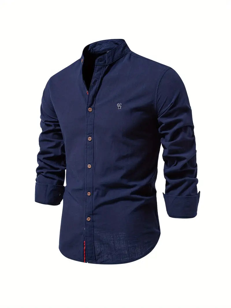 Men's long-sleeve mandarin collar button shirt with curved hem