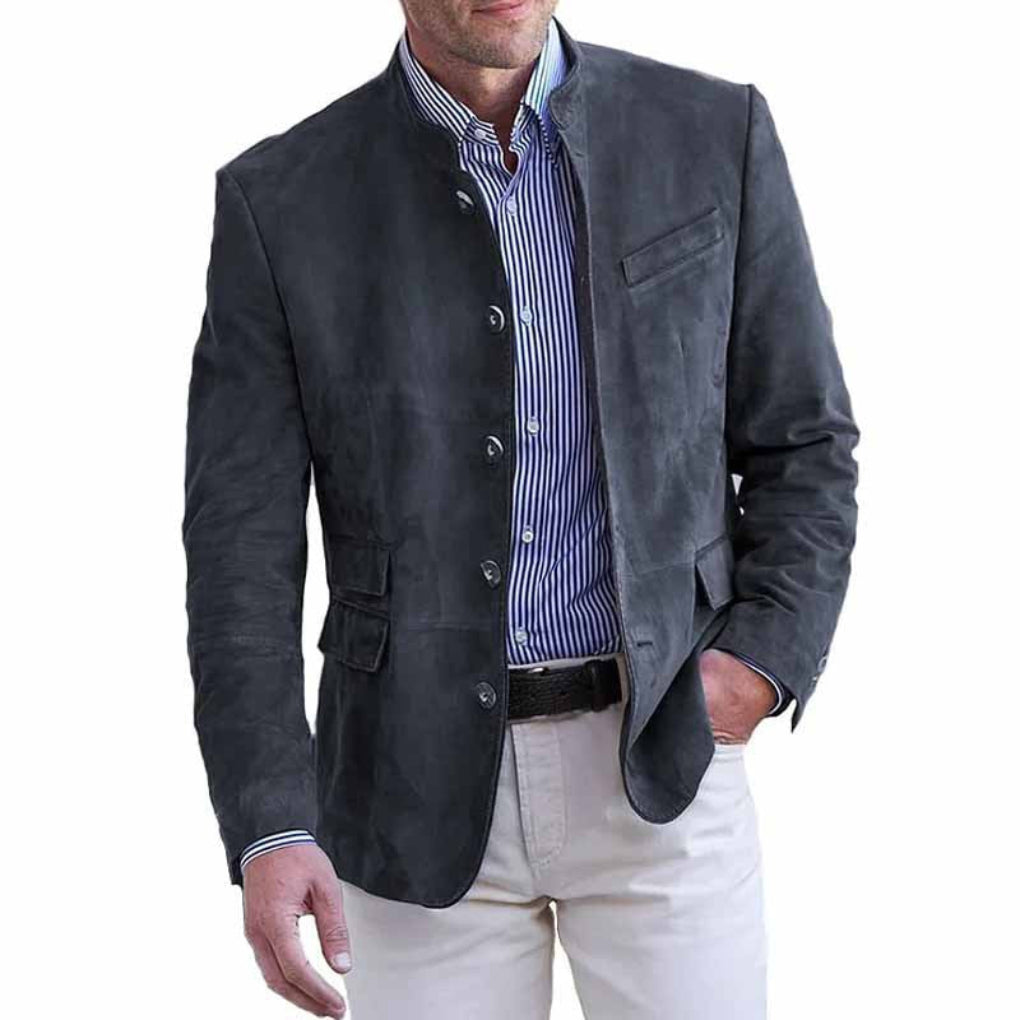 Men's stand-up collar button jacket with chest and patch pockets