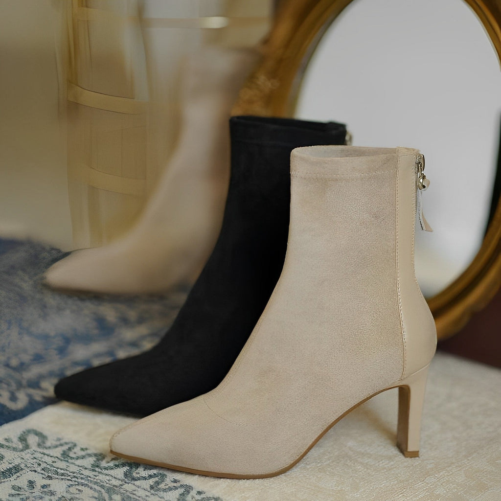 Women's pointed toe ankle boots with high stiletto heels and side zippers