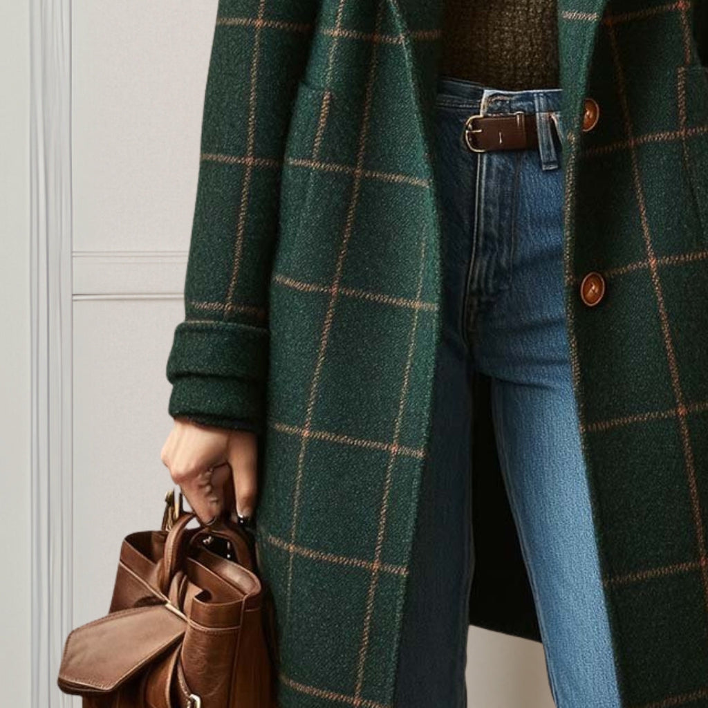 Women's long checked coat with notched lapels, buttons and front pockets