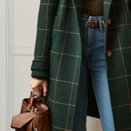Women's long checked coat with notched lapels, buttons and front pockets