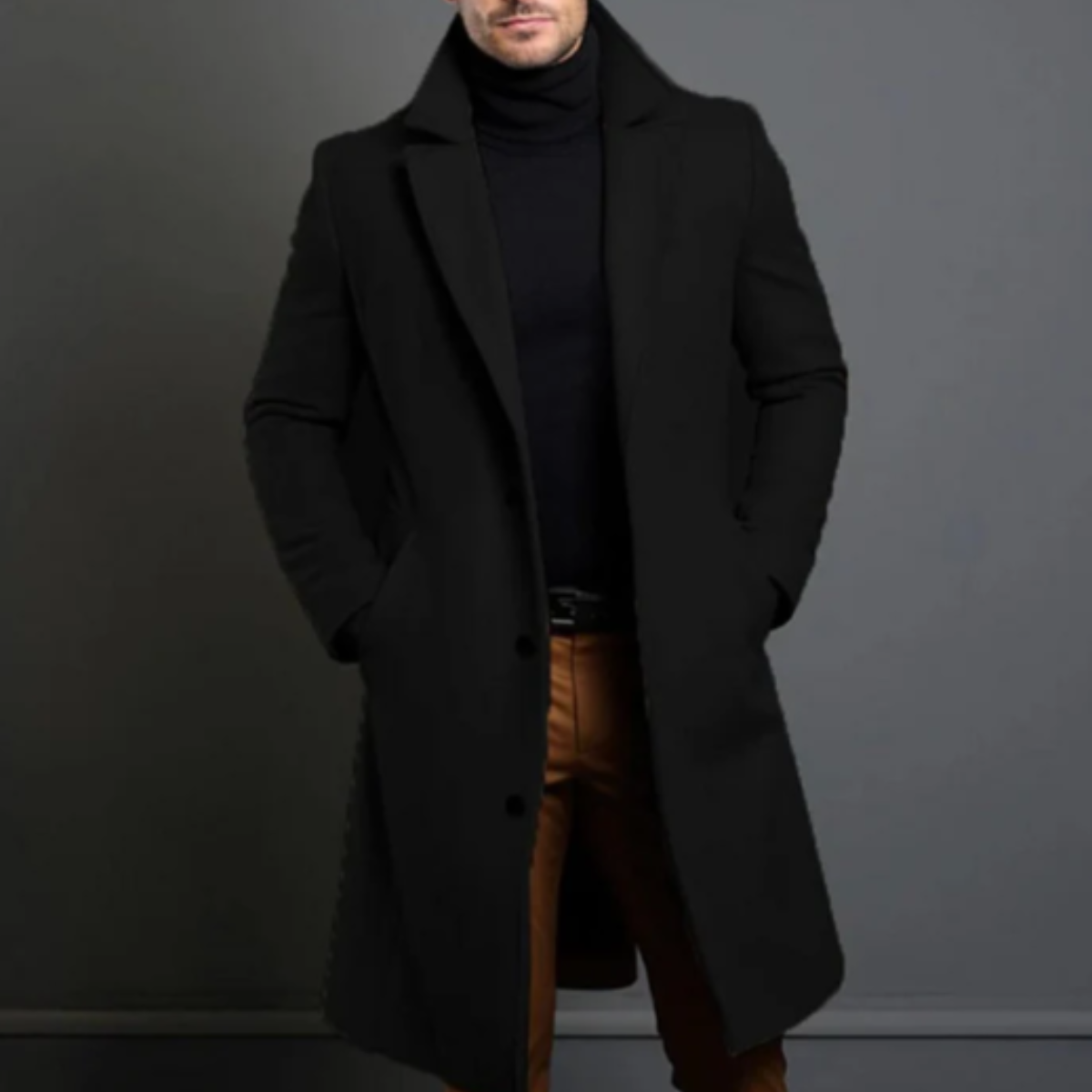 Men's long overcoat with notched lapels, button front and side pockets
