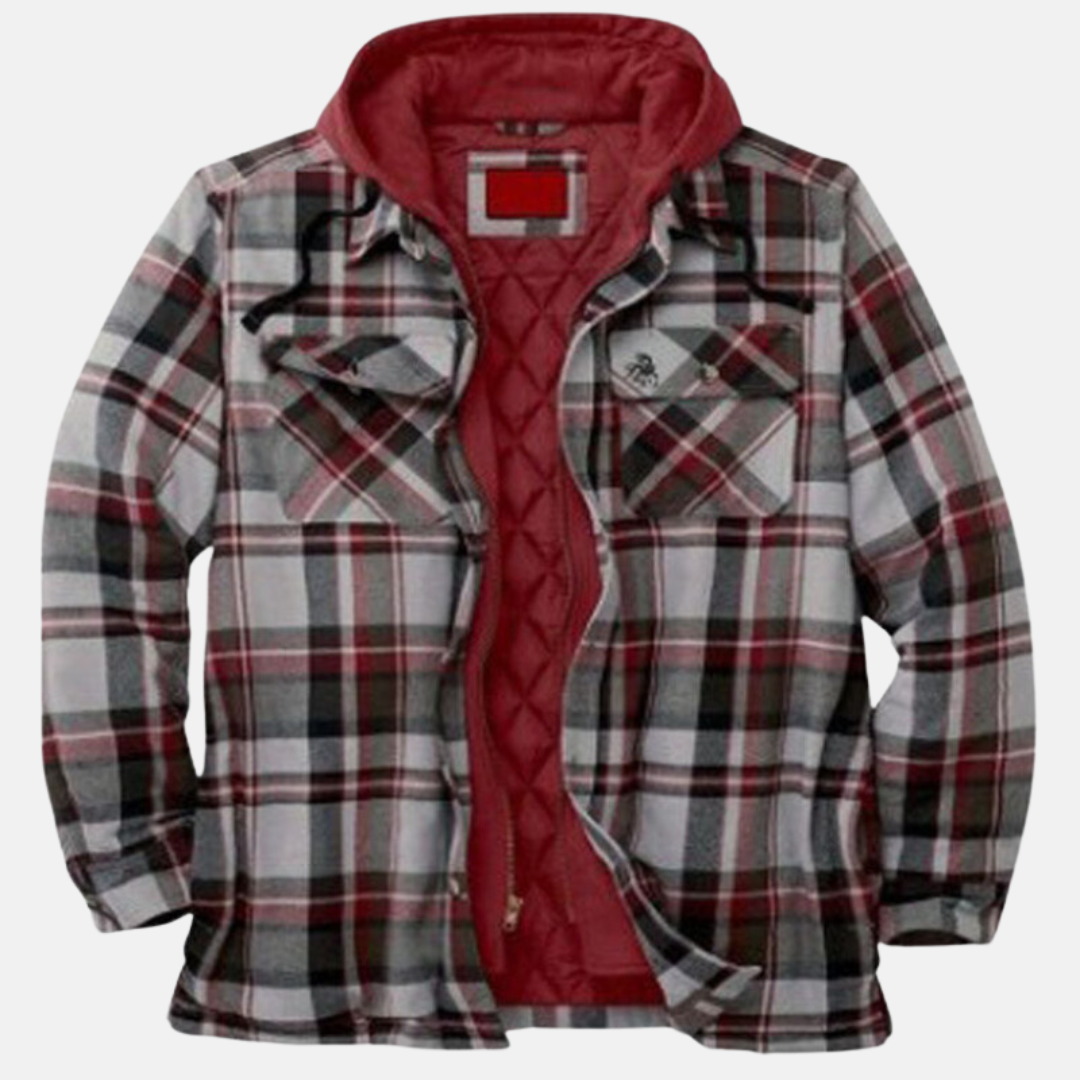 Men's checked hooded jacket with long sleeves, zip front and chest pockets