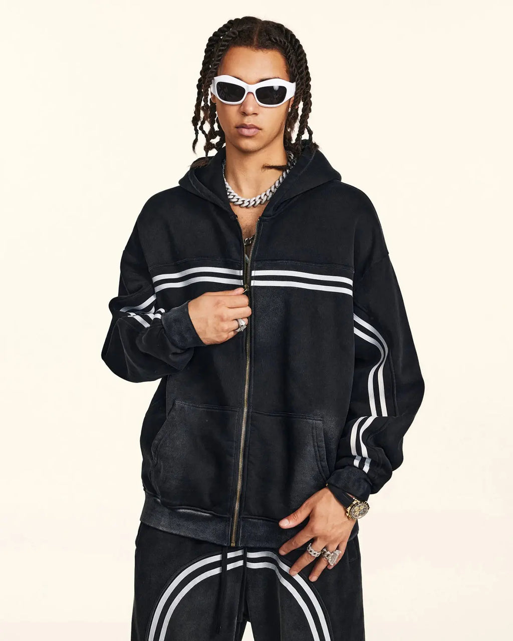 Black men's hooded zip-up hoodie with contrasting chest and sleeve stripes