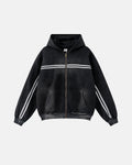 Black men's hooded zip-up hoodie with contrasting chest and sleeve stripes