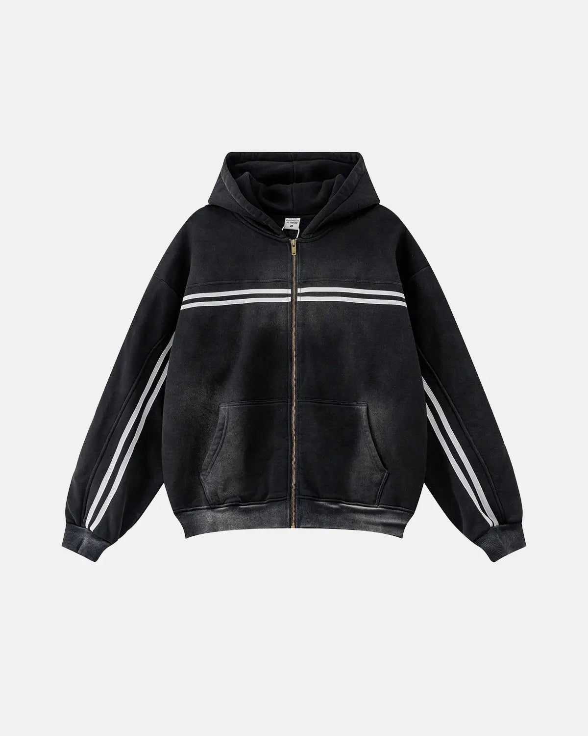 Black men's hooded zip-up hoodie with contrasting chest and sleeve stripes