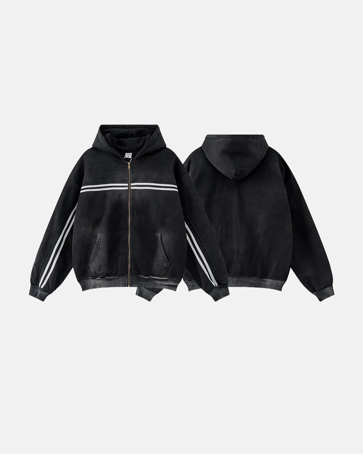 Black men's hooded zip-up hoodie with contrasting chest and sleeve stripes