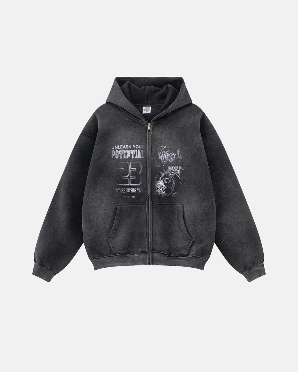 Graphic zip-up hoodie with hood, chest artwork and front pouch pockets