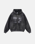 Graphic zip-up hoodie with hood, chest artwork and front pouch pockets