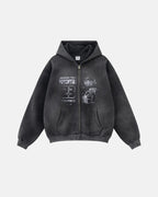 Graphic zip-up hoodie with hood, chest artwork and front pouch pockets