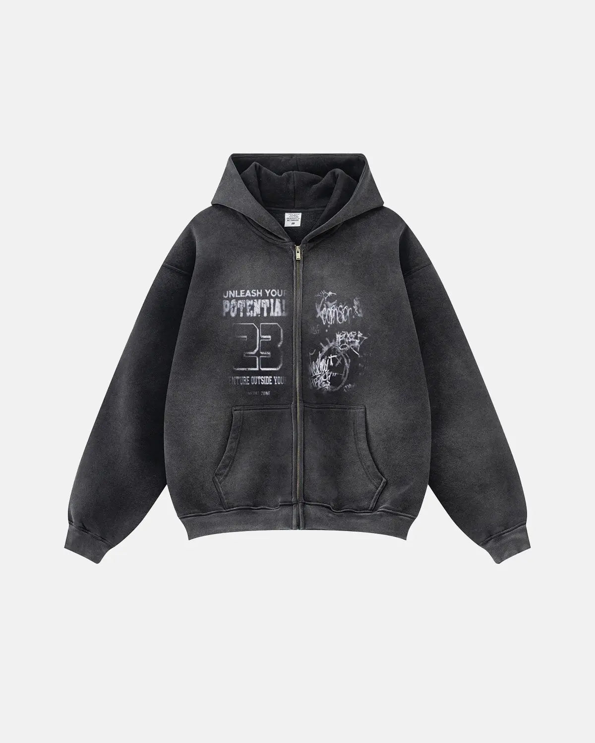 Graphic zip-up hoodie with hood, chest artwork and front pouch pockets
