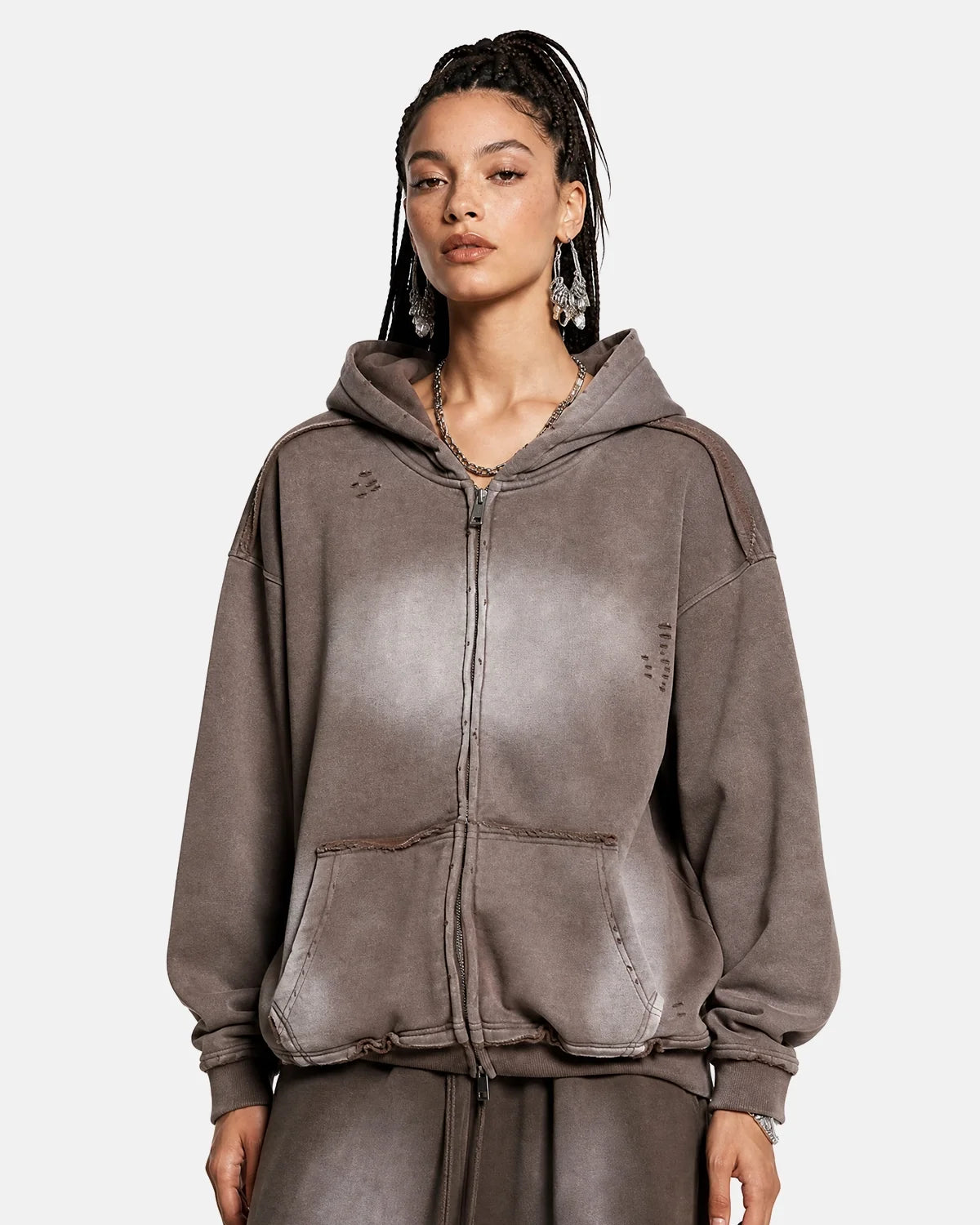 Washed distressed zip-up hoodie with hood, long sleeves and front pouch pockets