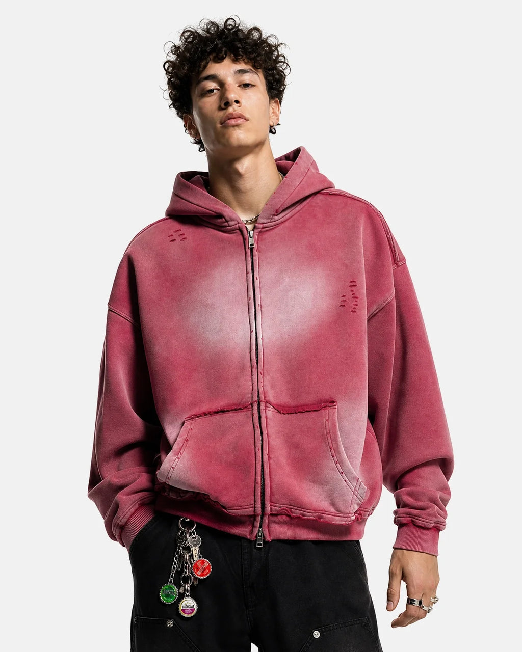 Washed distressed zip-up hoodie with hood, long sleeves and front pouch pockets