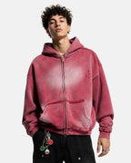 Washed distressed zip-up hoodie with hood, long sleeves and front pouch pockets