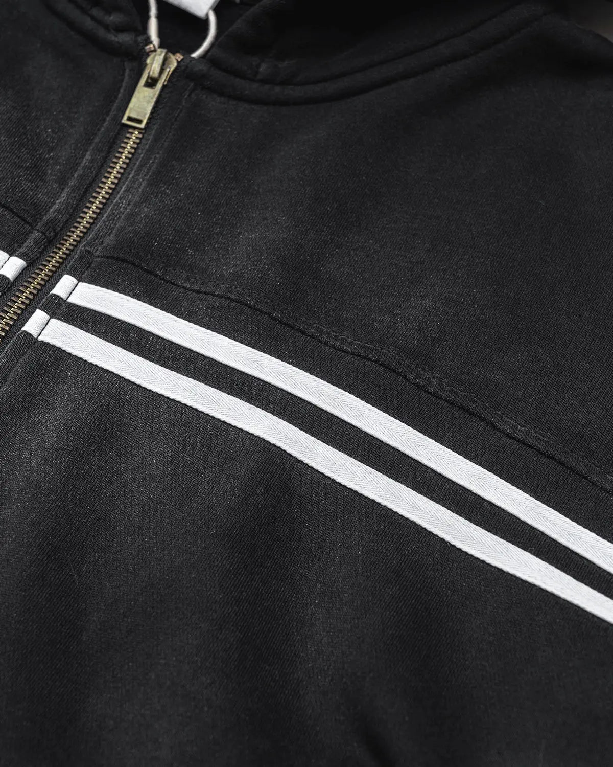 Black men's hooded zip-up hoodie with contrasting chest and sleeve stripes