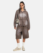 Washed distressed zip-up hoodie with hood, long sleeves and front pouch pockets