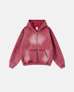 Washed distressed zip-up hoodie with hood, long sleeves and front pouch pockets